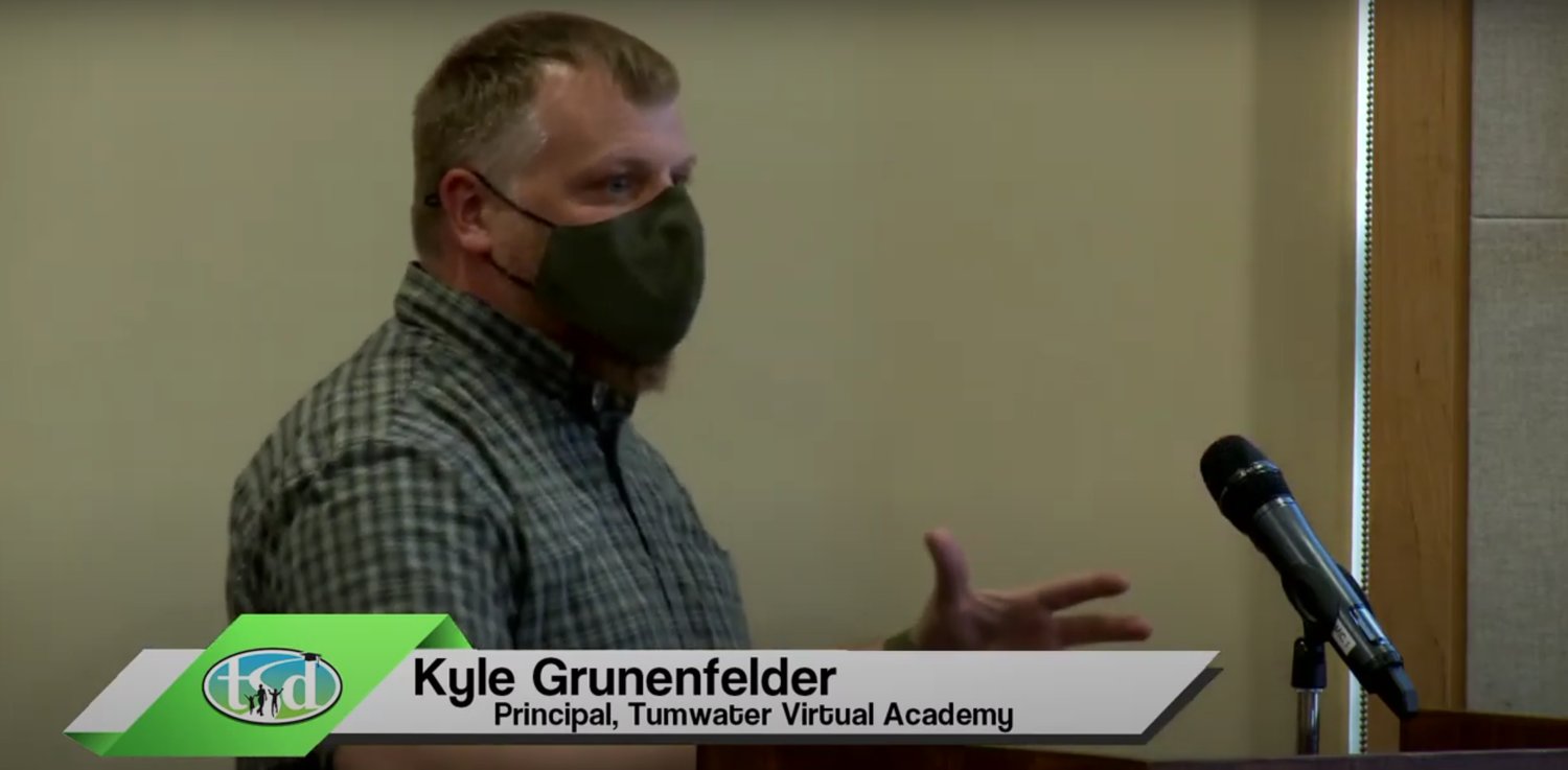 Kyle Grunenfelder, principal of Tumwater Virtual Academy, presented to the Tumwater School District board on June 17, 2021.